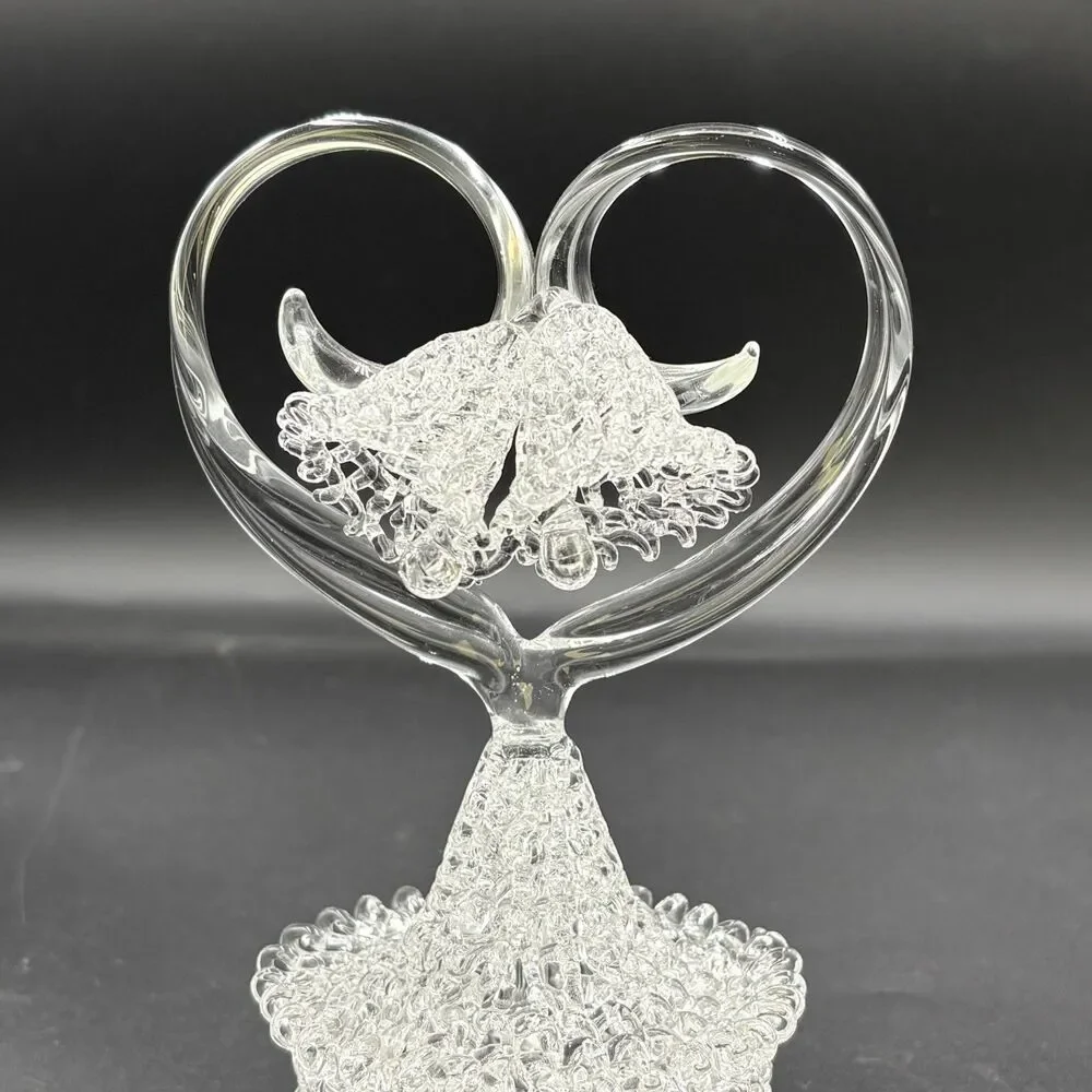 Vintage Hand Blown Ornate Glass Wedding Cake Topper Wedding Bells Heart 7”
